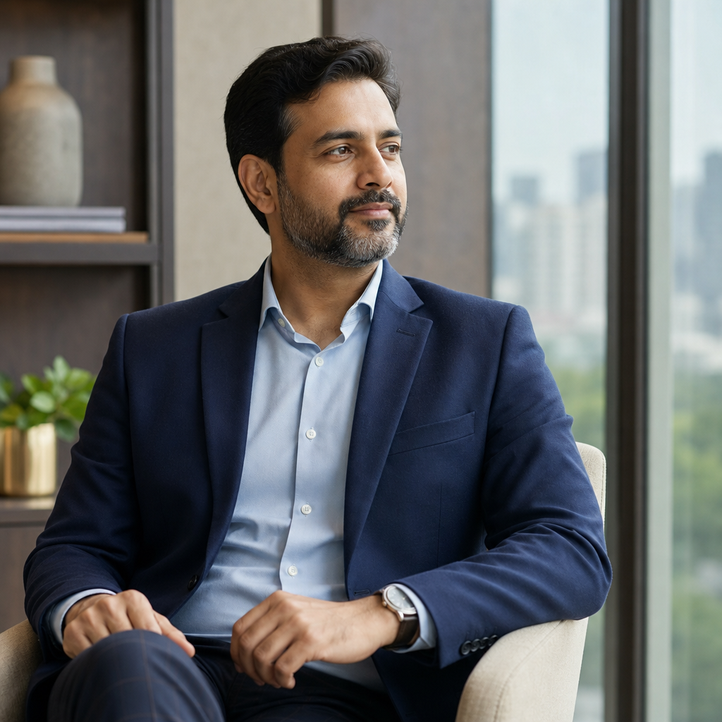 Portrait of Rohit Khanna, an investment client in a navy blazer with a composed analytical expression