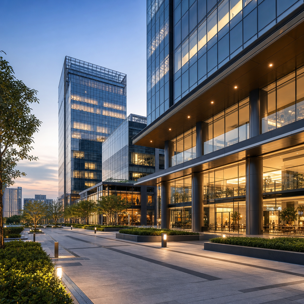 Premium glass office and retail plaza in an Indian business district with wide forecourt