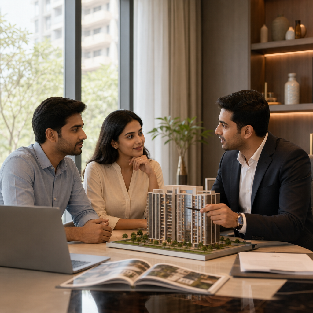 Premium real estate advisor guiding clients through property options in a modern India office with soft natural daylight