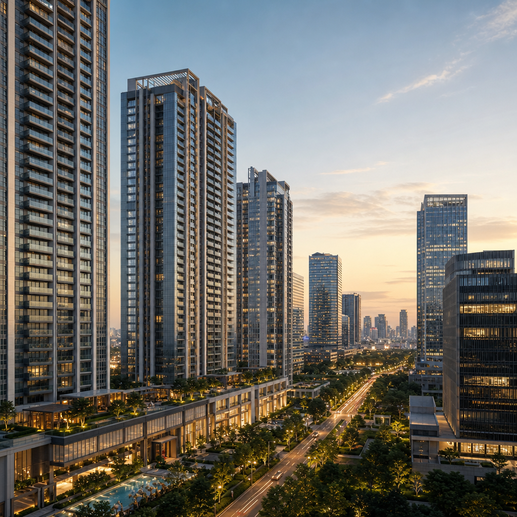 Contemporary luxury residential and commercial skyline with modern glass towers, premium high-rise apartments, and curated urban lighting