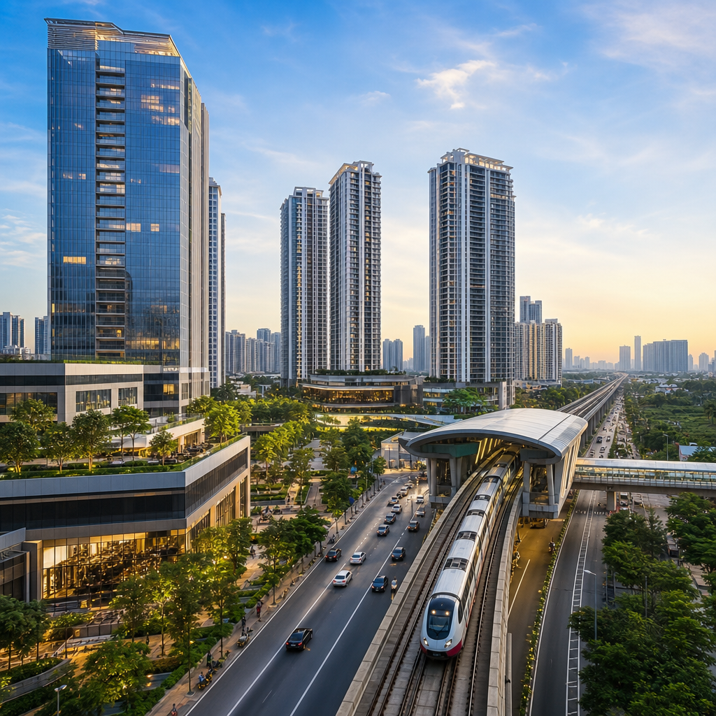 High-rise mixed-use urban district in India with modern towers and active transit corridor