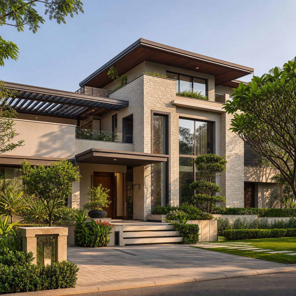 Luxury standalone villa in India with stone facade, large glass windows, and manicured driveway