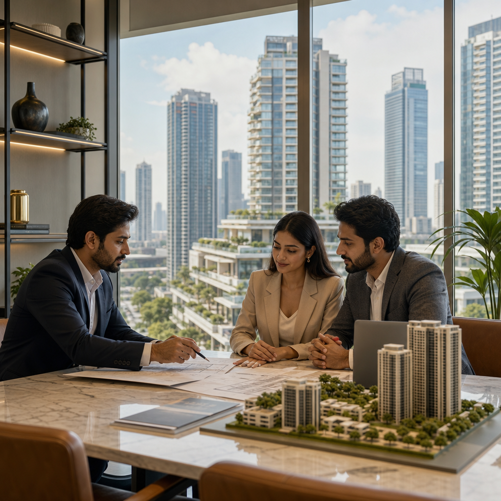 Premium real estate advisory meeting in India with professionals reviewing plans against a modern mixed-use urban skyline