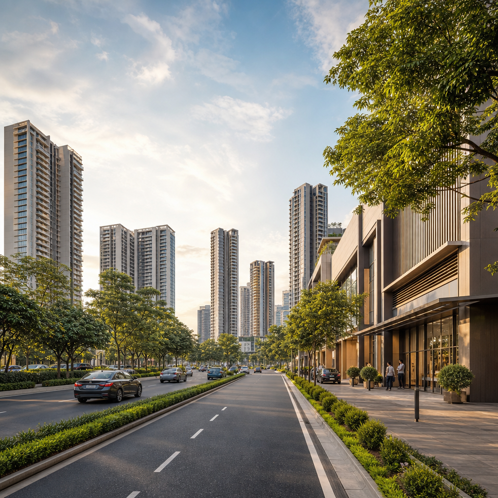 Modern Indian mixed-use neighborhood with residential towers, boulevard, and integrated commercial block