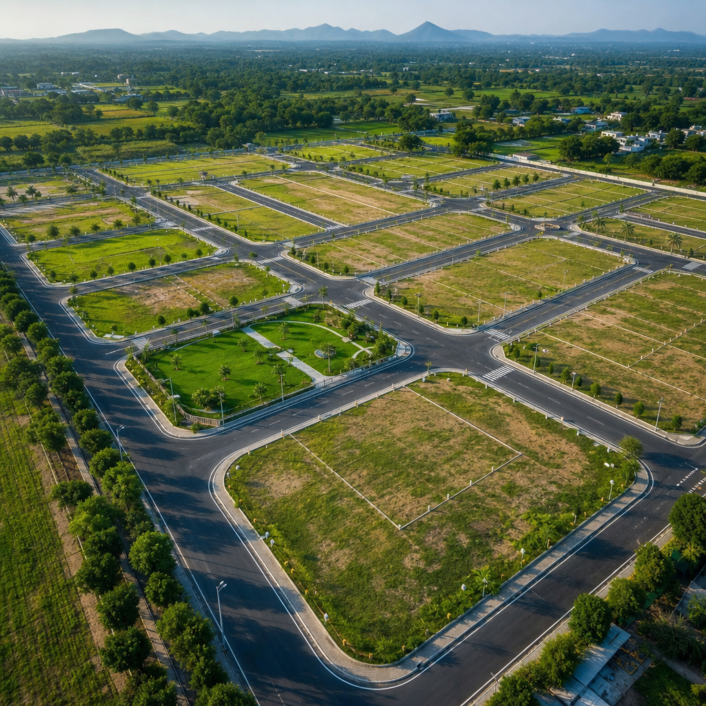 Aerial view of plotted land development in India with internal roads, plot demarcations, and green edges