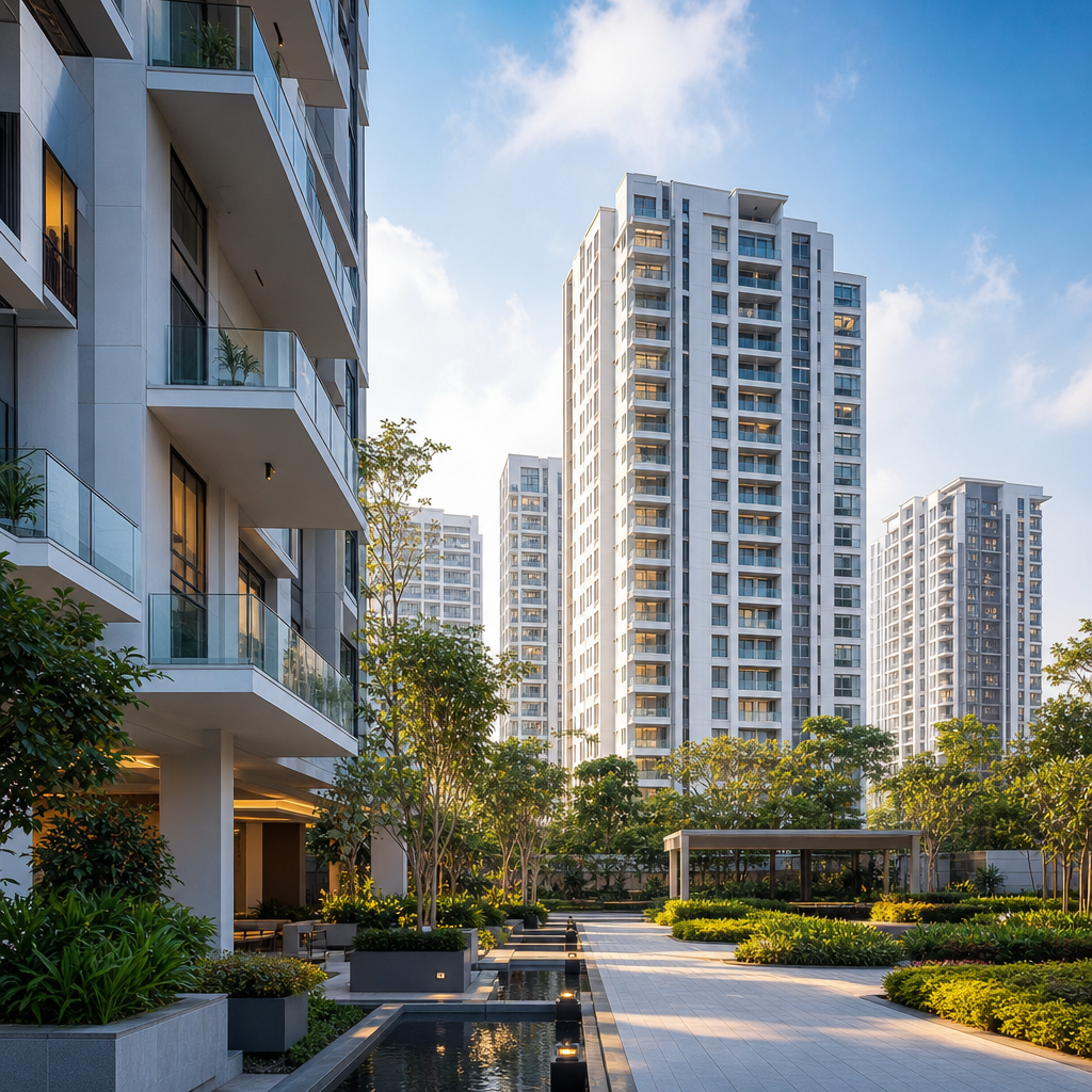 Contemporary Indian apartment towers with landscaped podium and bright daytime sky