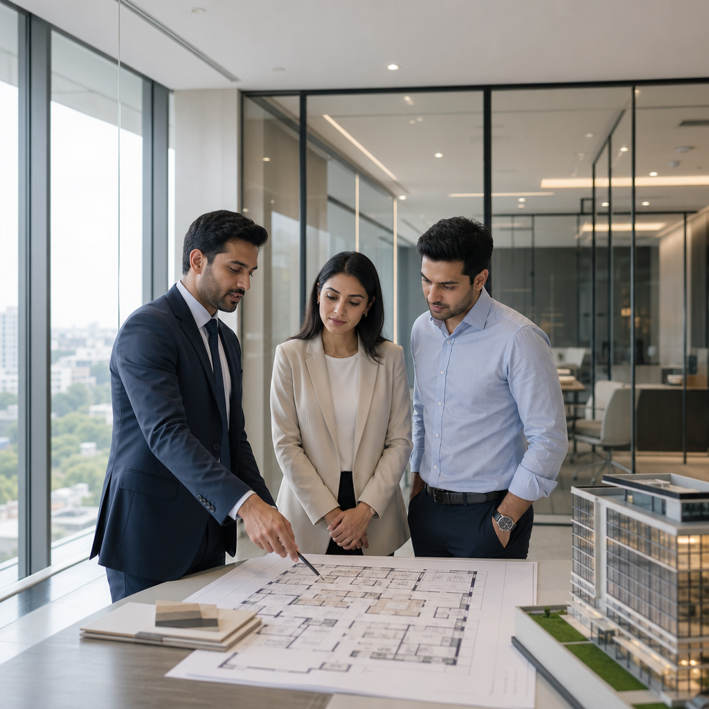 Commercial property advisor walking clients through a modern office floor plan near glass-walled workspace in daylight