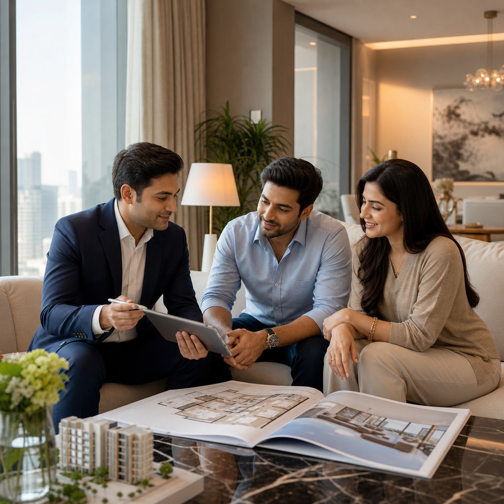 Professional real estate consultant guiding an Indian couple through a modern apartment layout with brochures and tablet in natural daylight