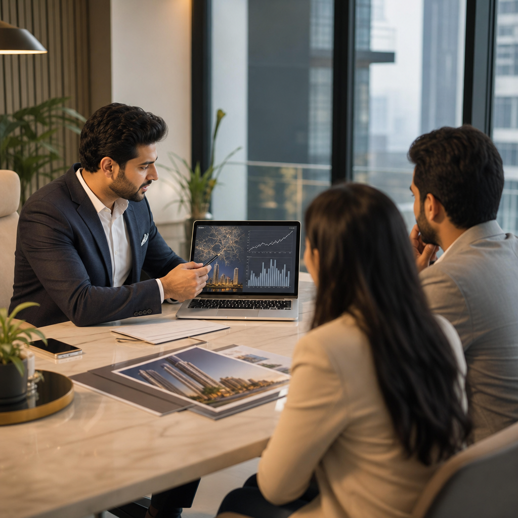 Indian property investment advisor presenting growth charts and market maps on a laptop across a polished meeting table