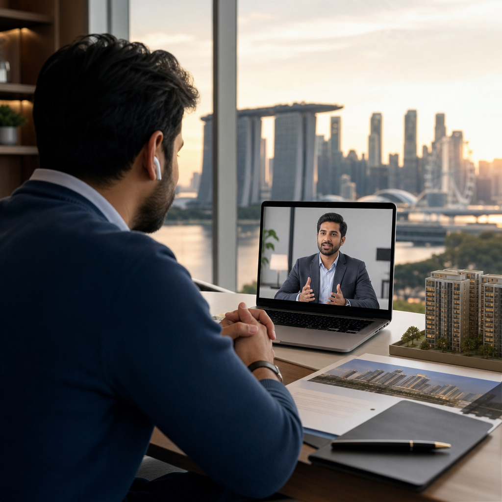 Video consultation between an NRI client and India-based property consultant with digital documents and city skyline in the background