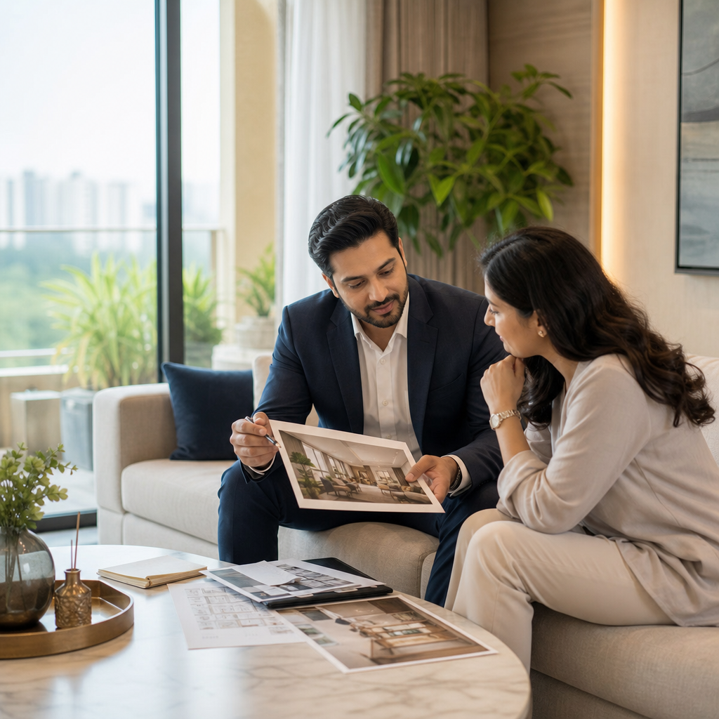 Real estate advisor reviewing staged apartment photos and pricing notes with a homeowner in a bright contemporary living room