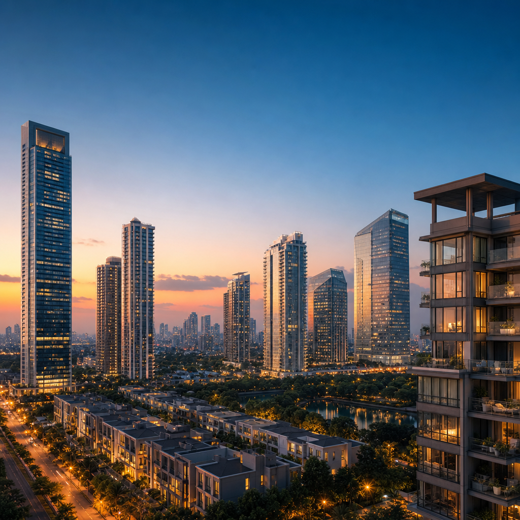 Panoramic upscale Indian city skyline with modern residential and commercial towers at warm dusk