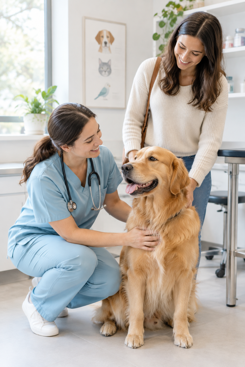 Veterinarian kneeling beside a relaxed golden retriever while its owner smiles in a bright, welcoming exam room