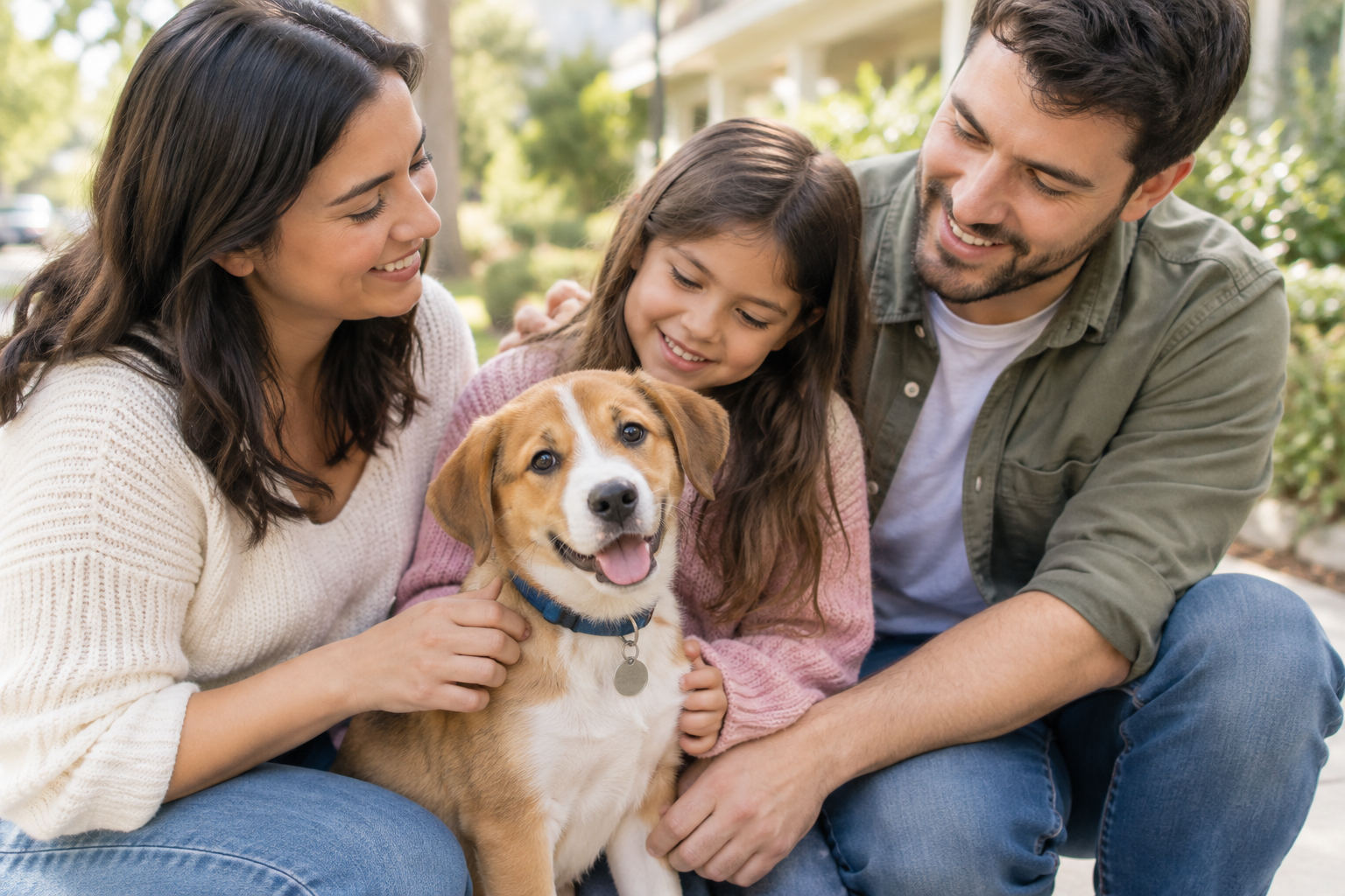 A smiling local family with a newly adopted tan-and-white puppy during a calm first wellness welcome moment outdoors in soft daylight