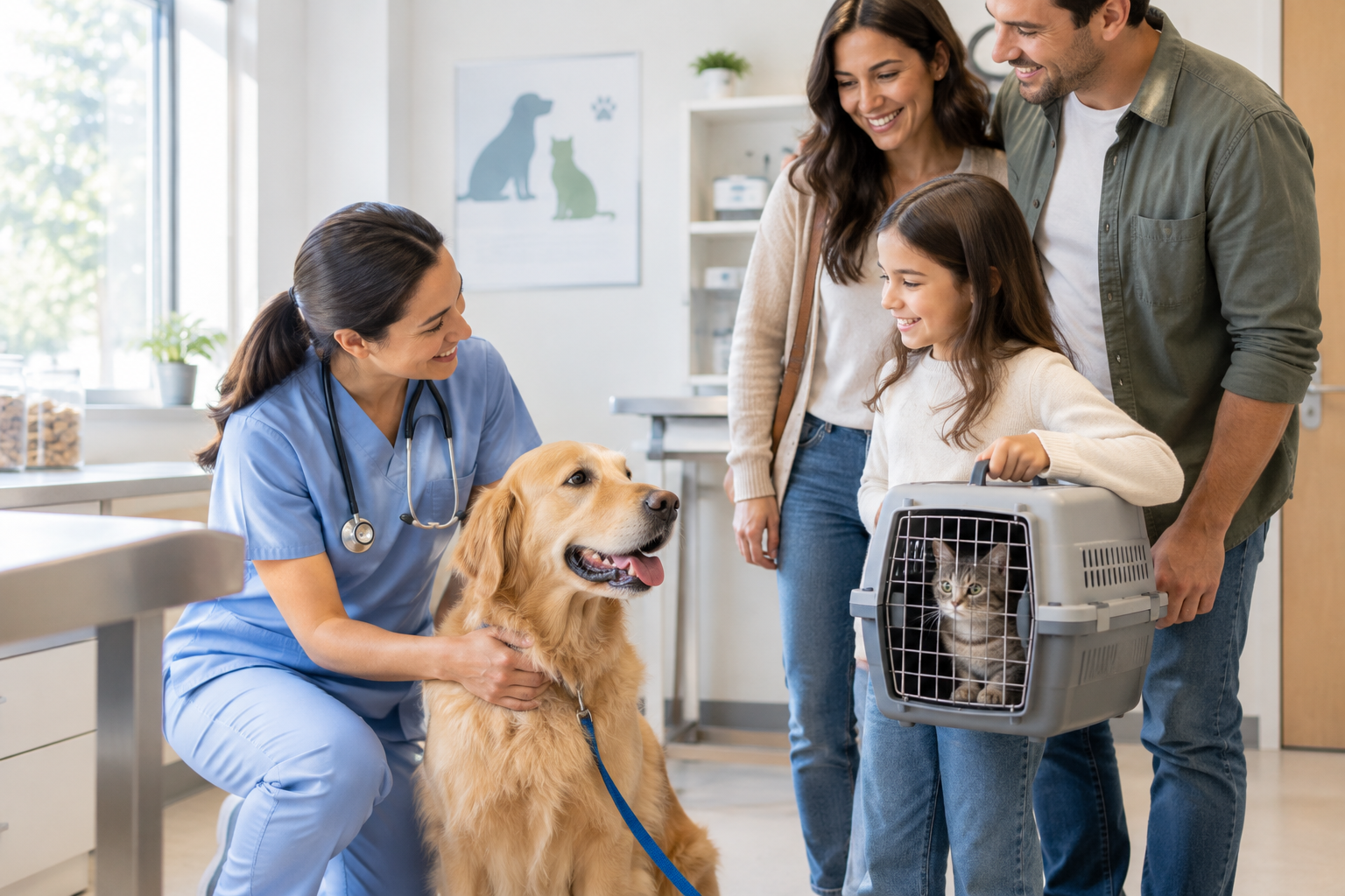 Warm veterinary clinic scene with a smiling local veterinarian greeting a family with a golden retriever and a child holding a cat carrier in a bright, calm exam room
