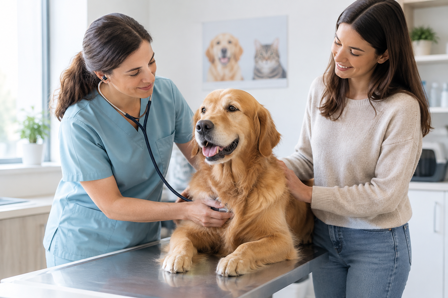 Veterinarian gently examining a calm golden dog while the pet owner stays close in a clean, welcoming clinic room