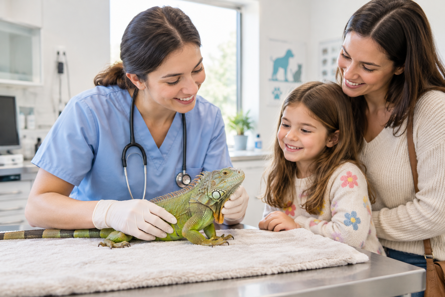 Veterinarian gently examining a green iguana while a parent and child watch calmly in a bright, welcoming clinic room