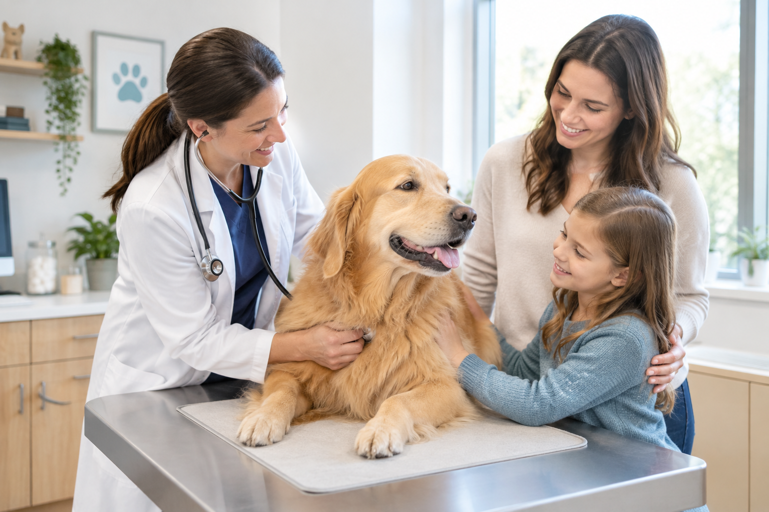 Veterinarian gently examining a golden retriever in a bright, tidy exam room while a parent and child watch calmly