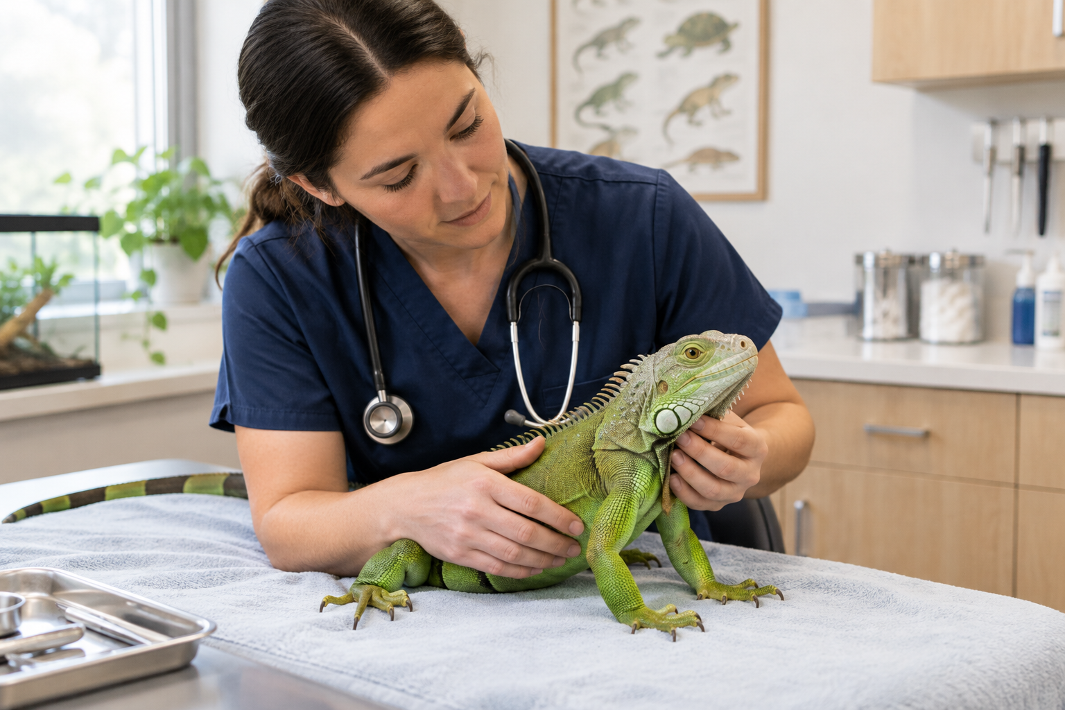 Veterinarian checking a green iguana on a padded table with careful handling and attentive posture