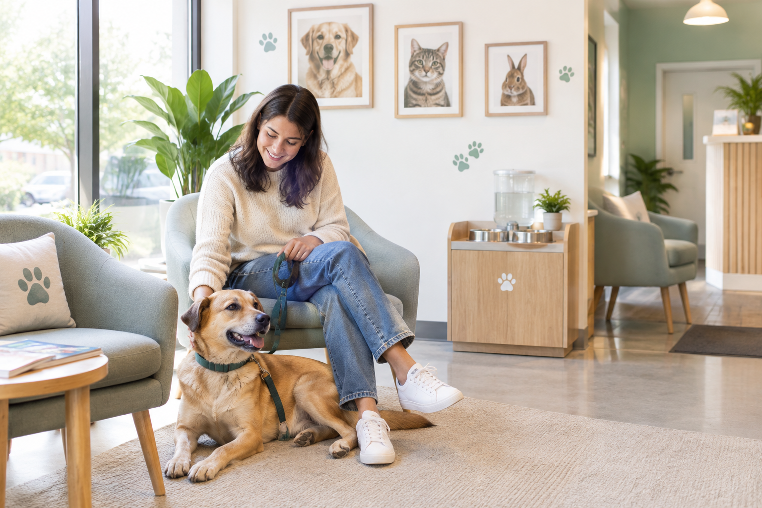 Family-friendly clinic waiting area with soft seating, pet water station, and a relaxed dog beside its owner