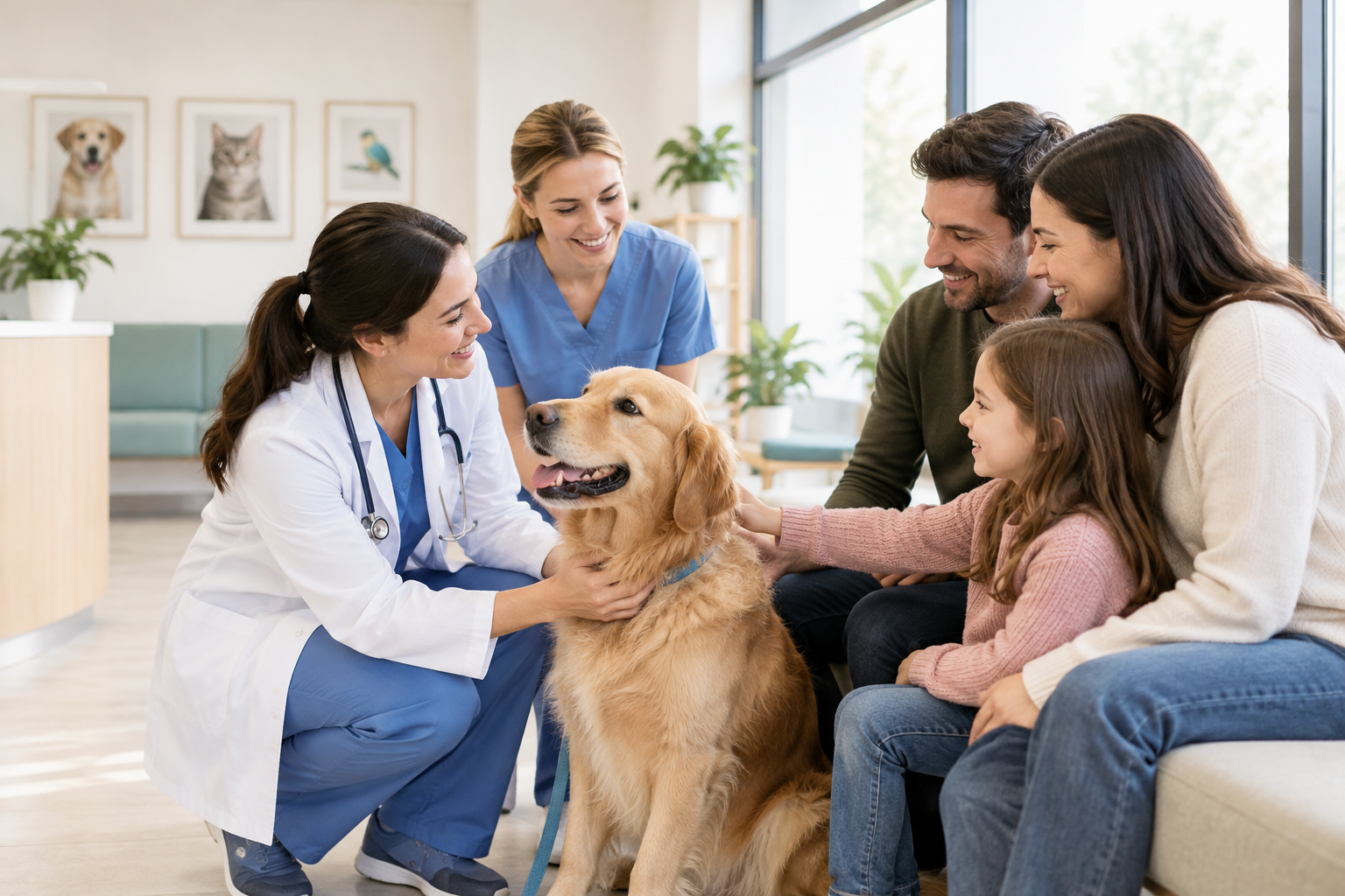 Friendly veterinary team greeting a family with a golden retriever in a bright, calm clinic waiting area