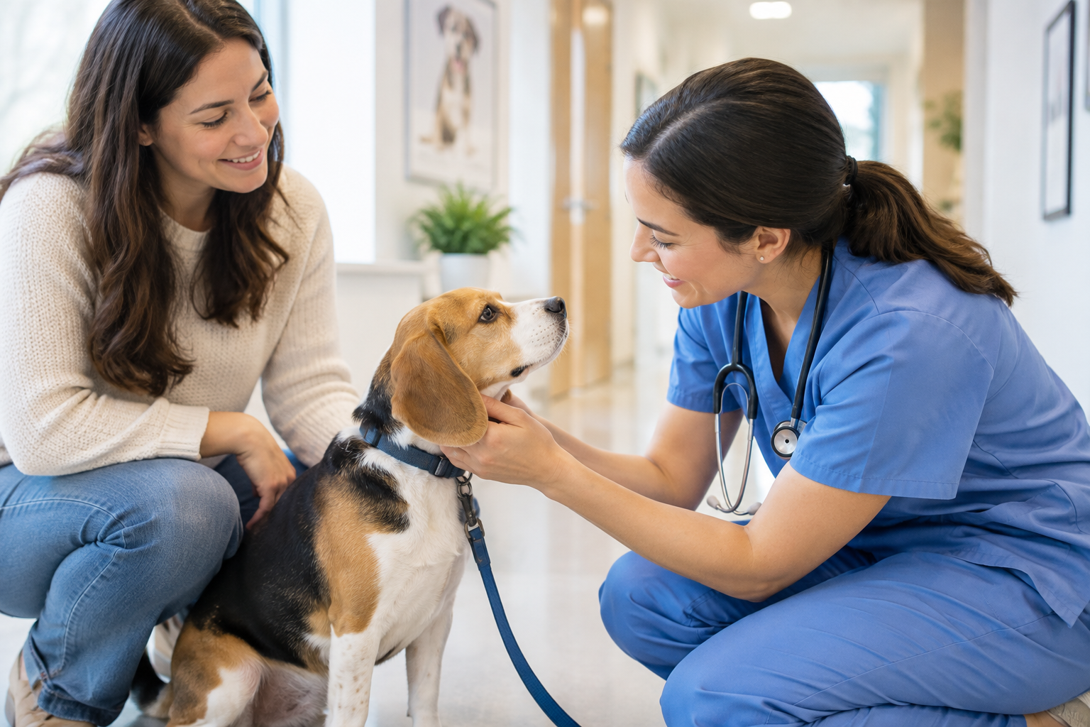 Veterinary team member kneeling to reassure a small beagle before a routine wellness visit