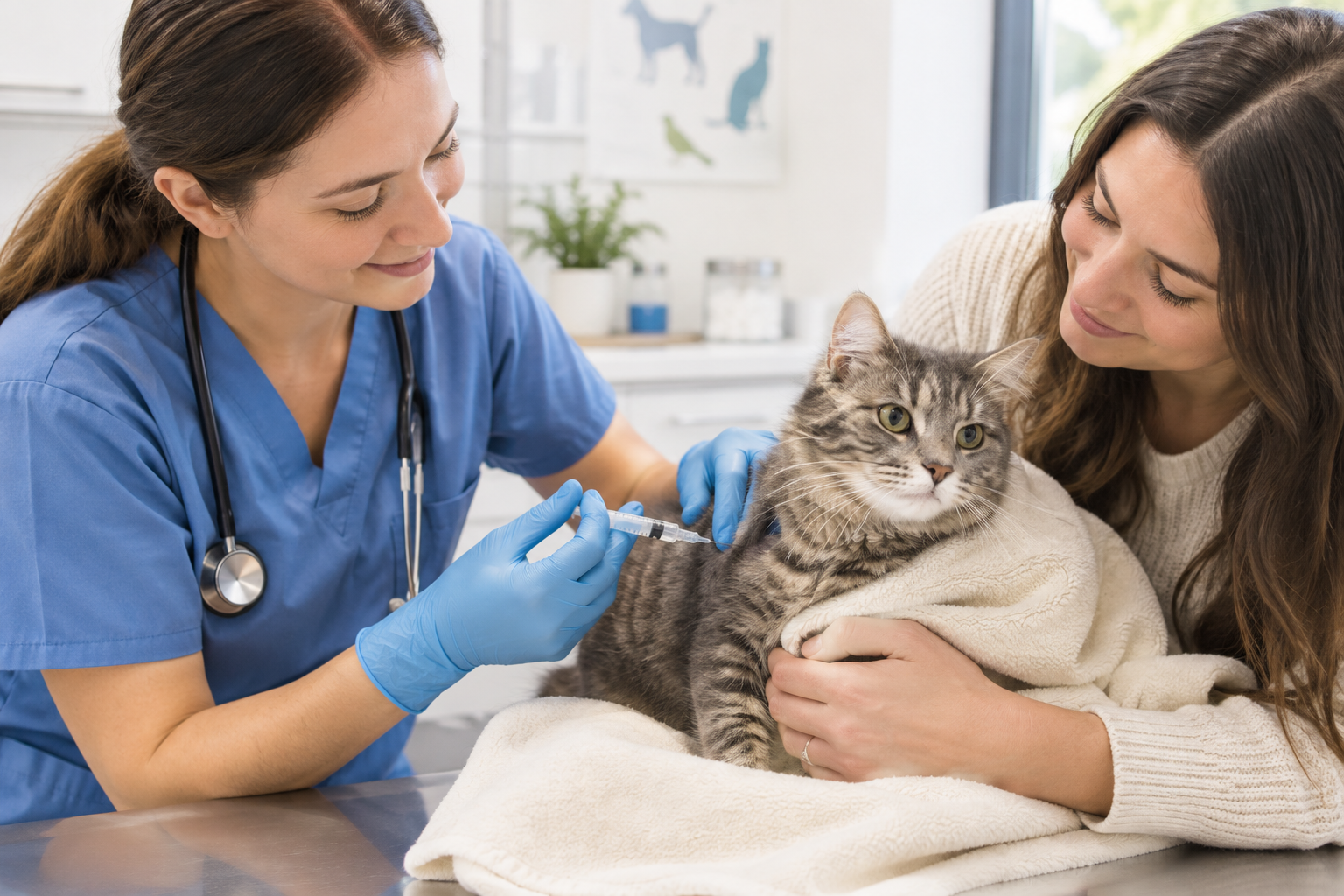 Smiling veterinary nurse giving a cat vaccine while the owner comforts the cat with a soft blanket