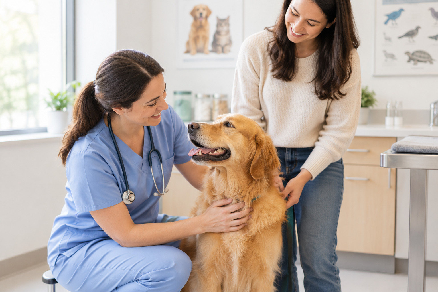 A caring veterinarian kneeling to comfort a golden retriever while its owner smiles nearby in a bright, welcoming exam room