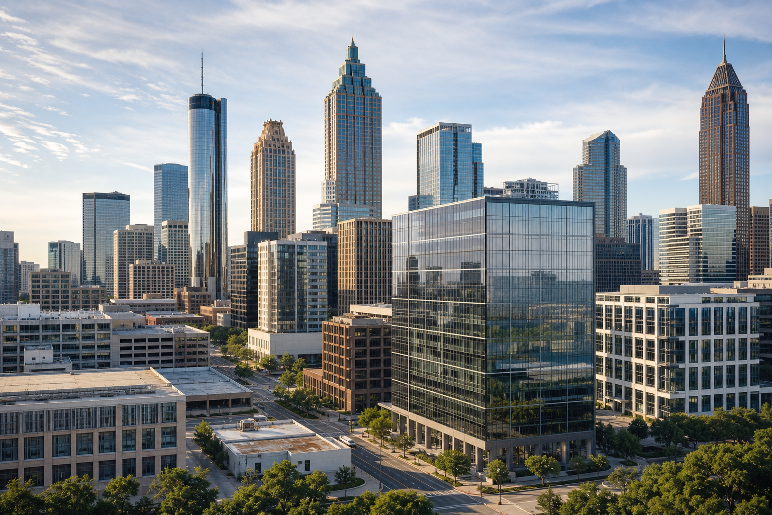 Modern Atlanta skyline with commercial towers and structured urban streets at soft daylight