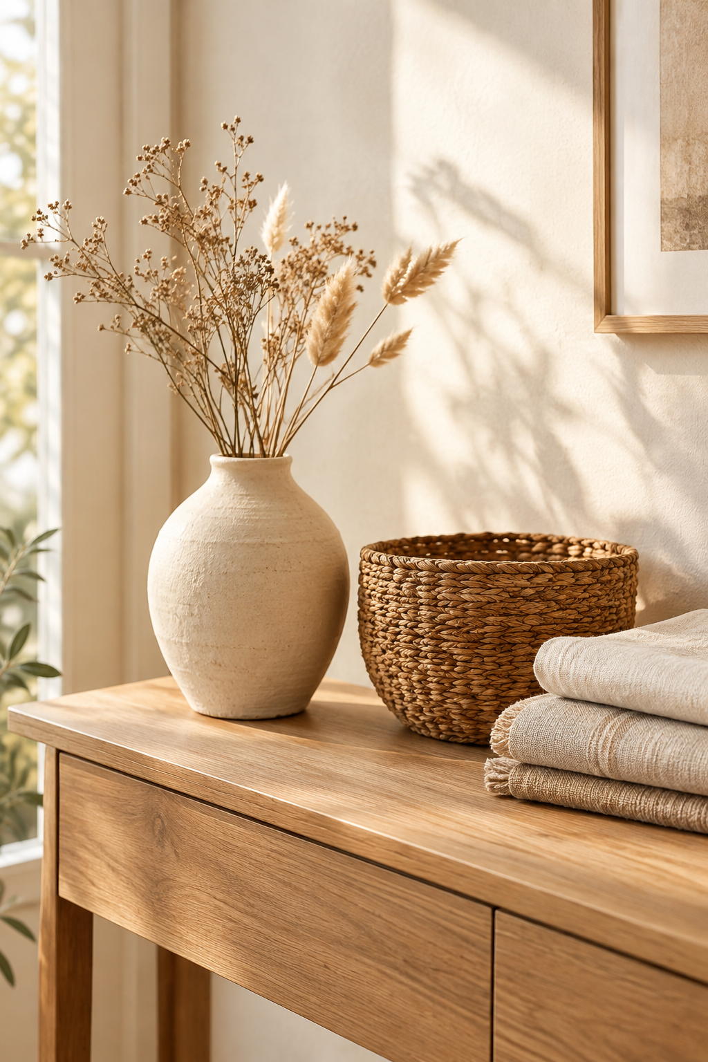 Handmade ceramic vase, woven basket, and linen textiles styled on a warm wooden console in soft natural window light