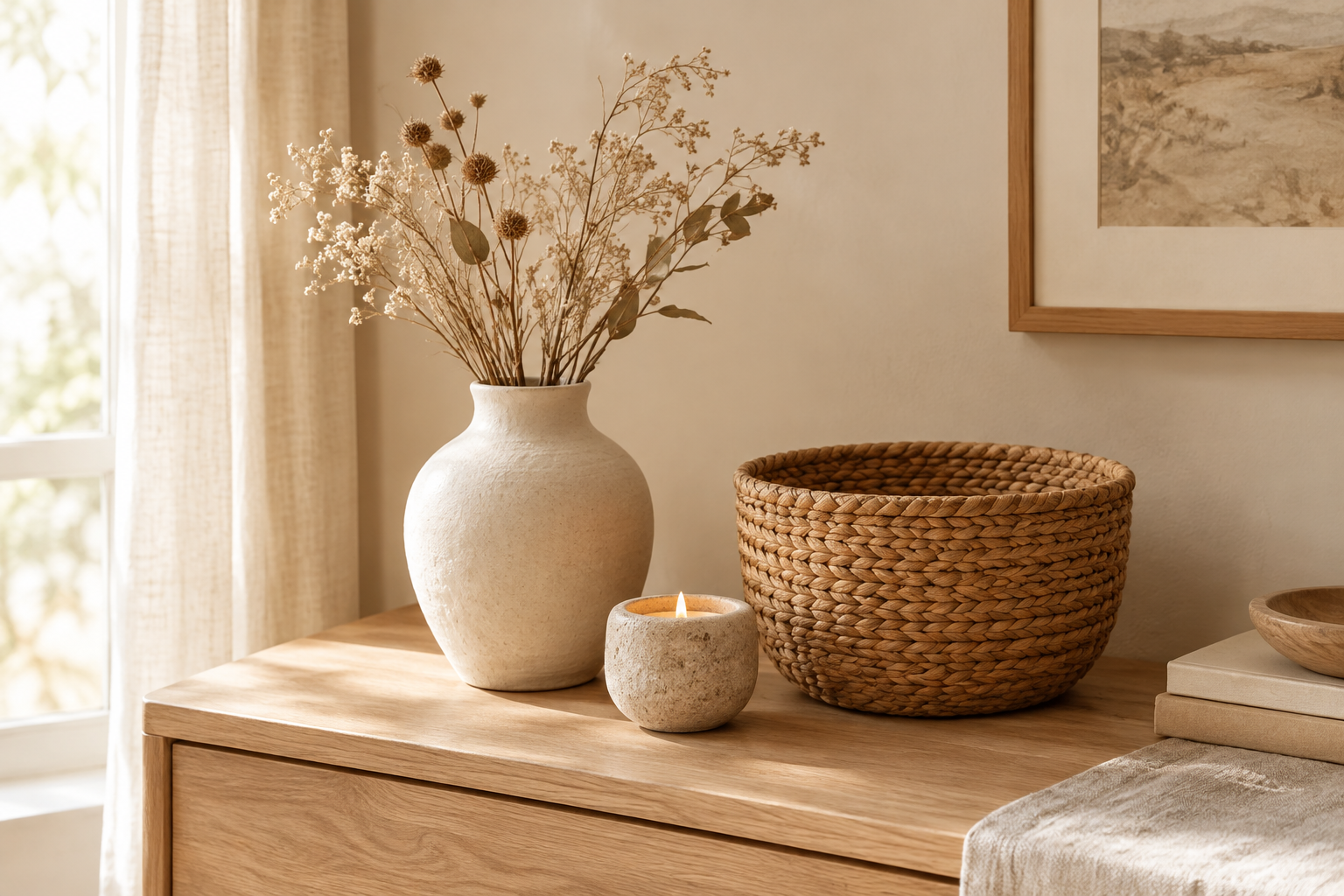 Warmly styled interior scene with a handmade ceramic vase, woven basket, and candle holder on a natural wood console