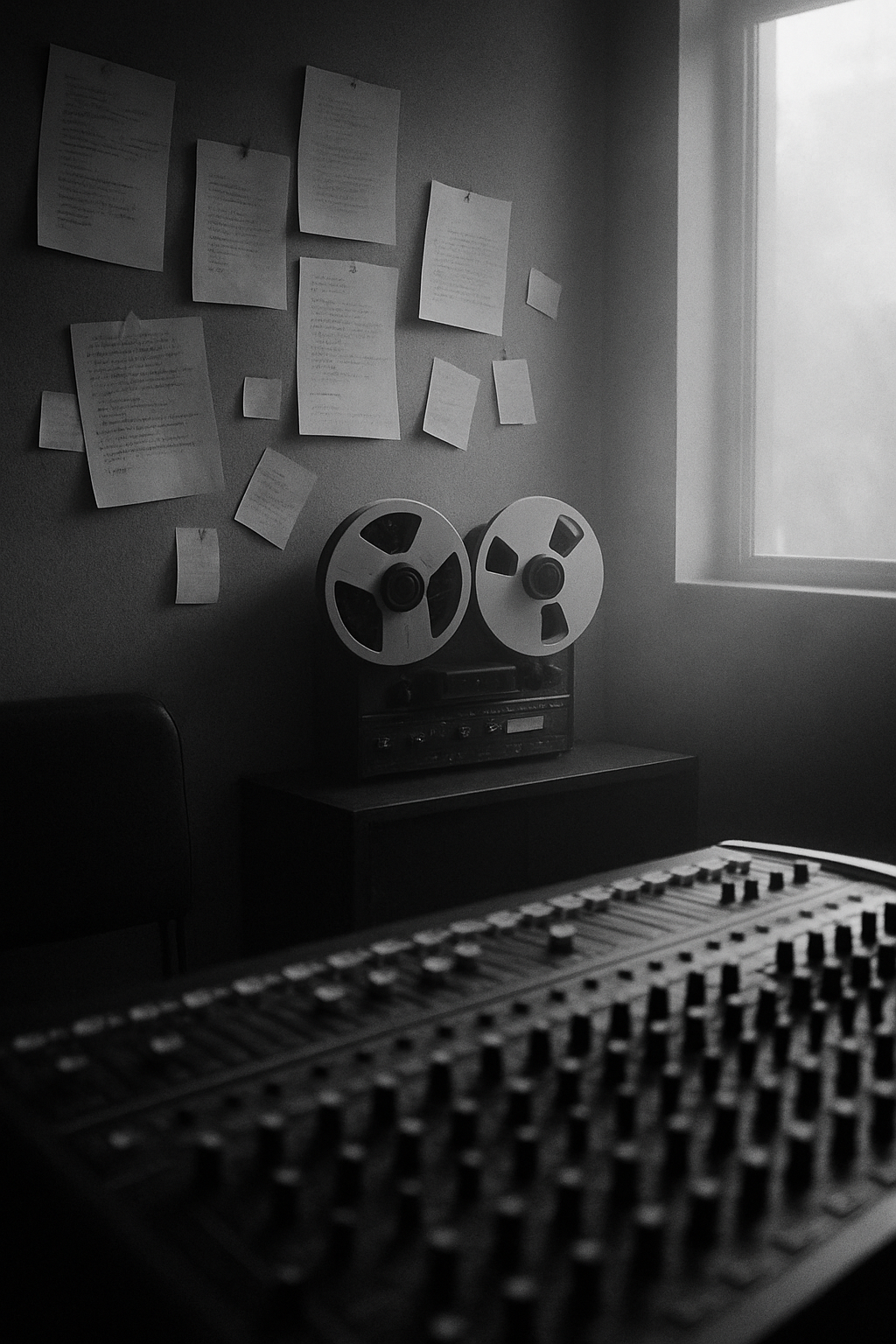 Grainy black-and-white studio archive scene with tape reels, handwritten track notes, and soft California window light