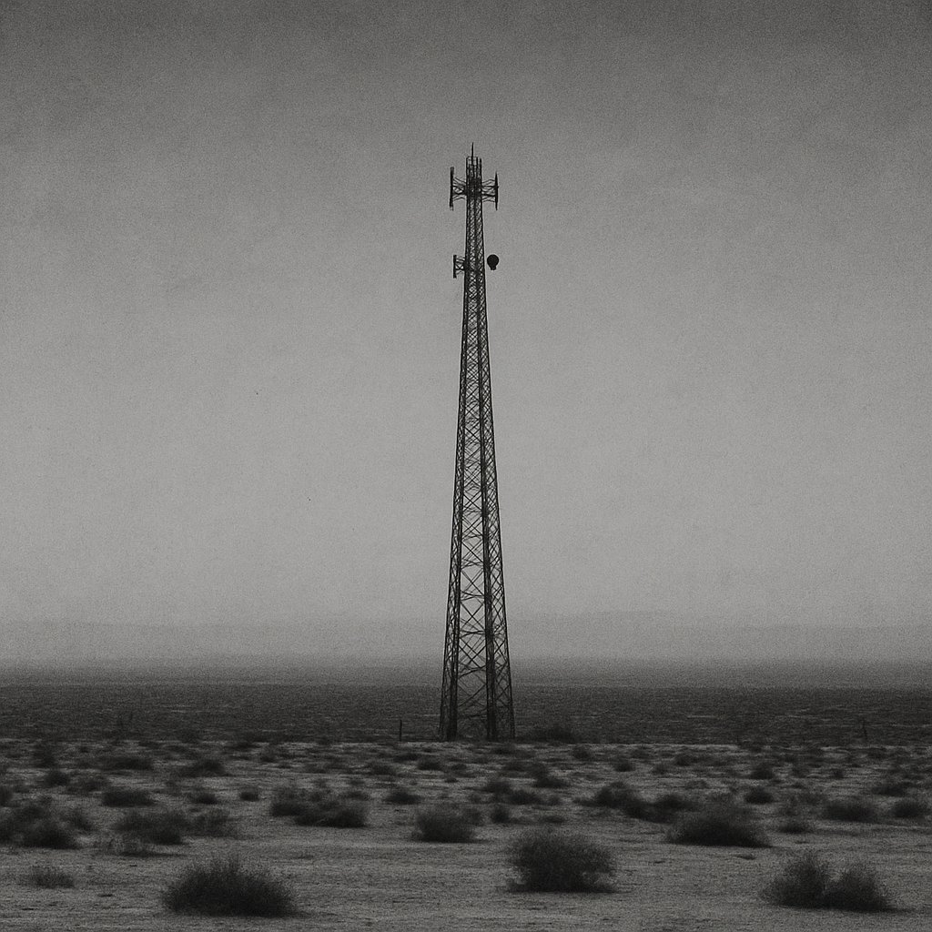 Album cover for Inland Signal showing a lone radio tower over pale desert flats in muted monochrome
