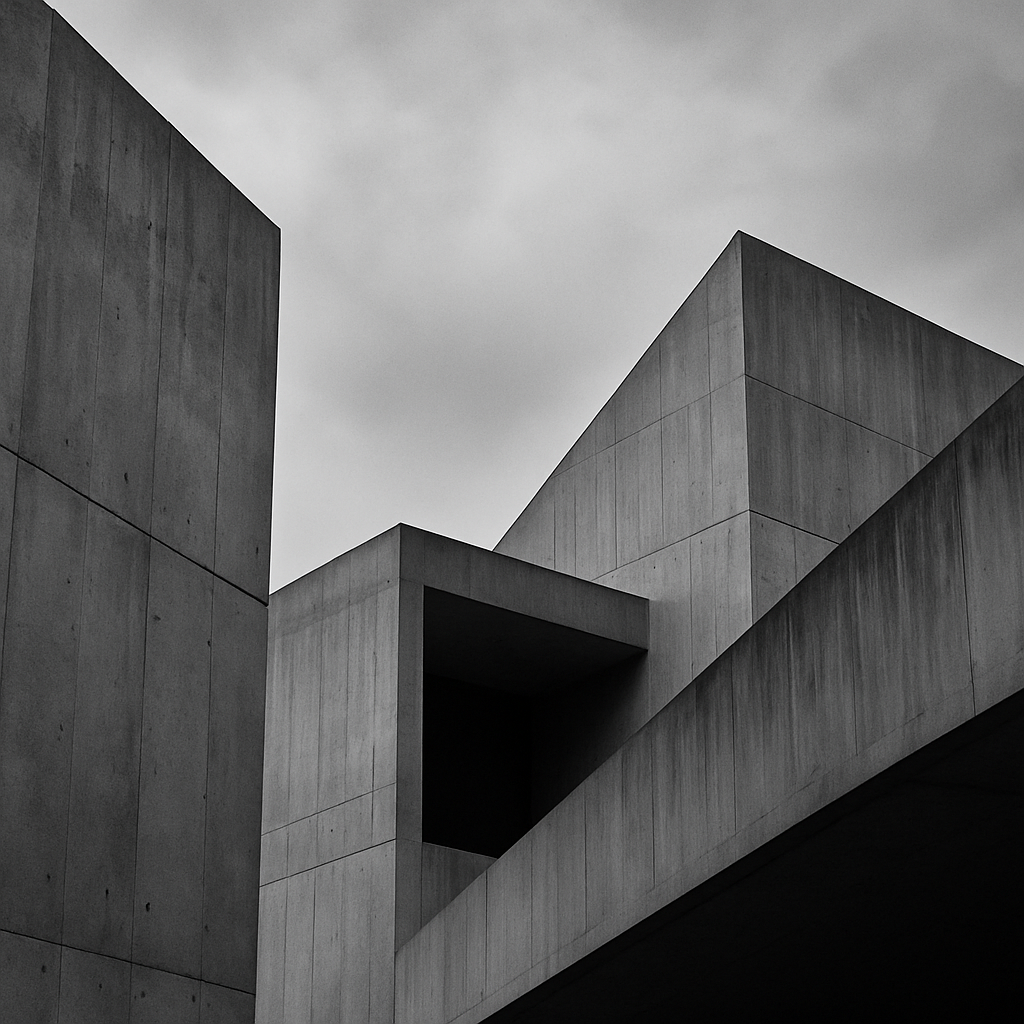 Album cover for Pacific Angles featuring angular coastal concrete architecture under overcast skies