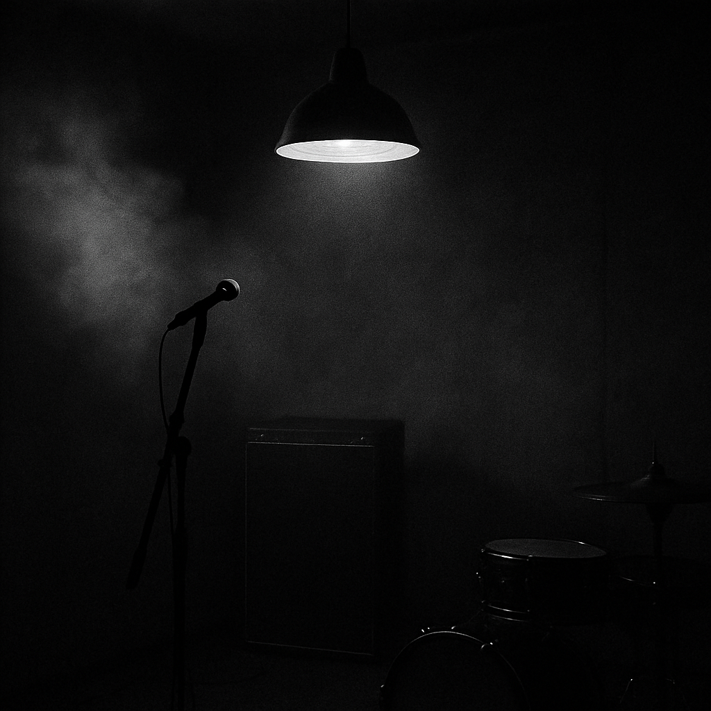 Album cover for Residual Light showing a dim rehearsal room with a single hanging lamp and smoky haze