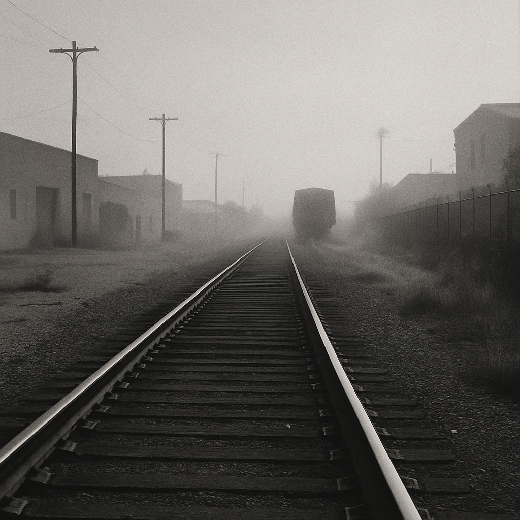 Album cover for Southbound Theory with a distant train line cutting through sun-faded industrial lots