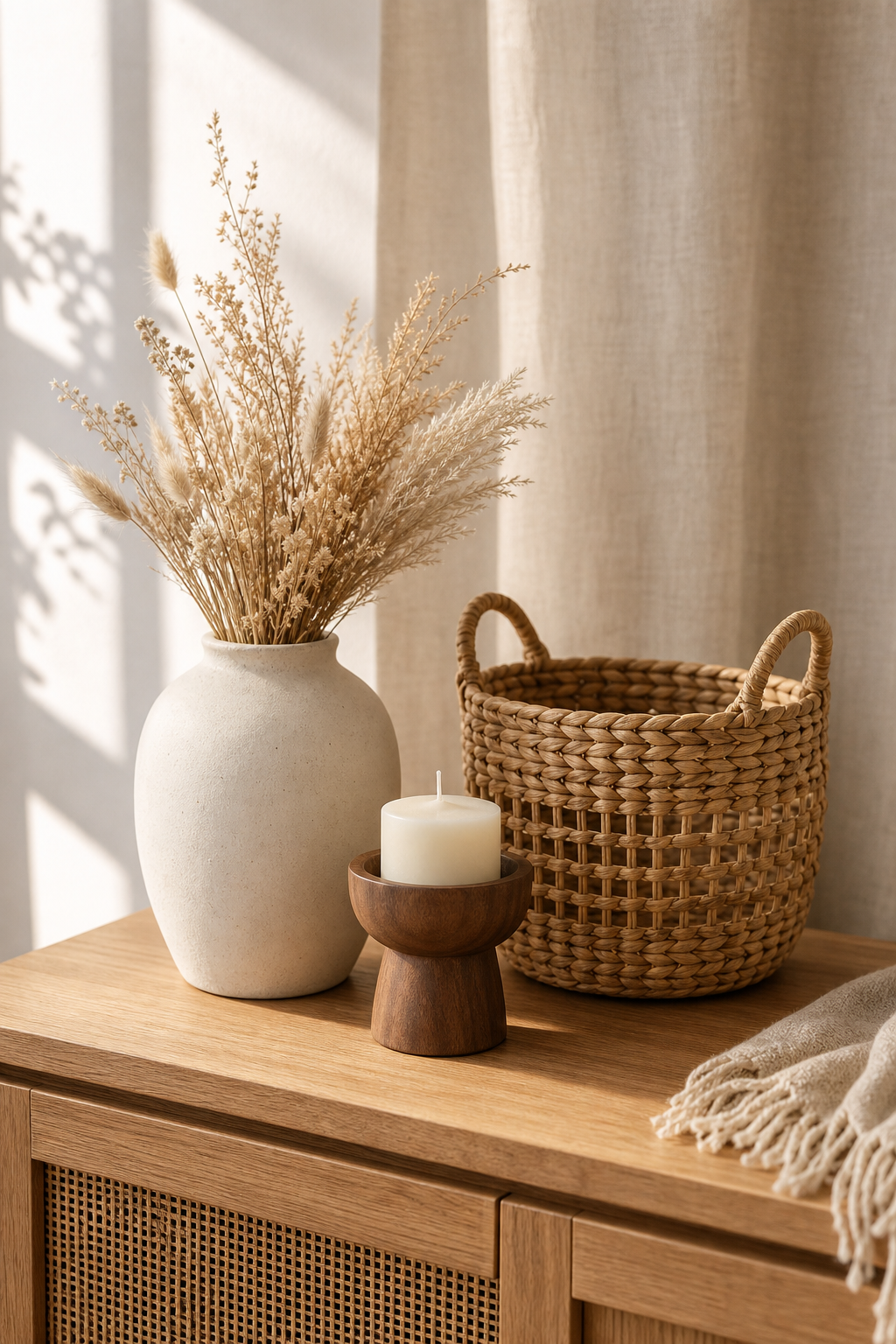 Sunlit home vignette with a ceramic vase, woven basket, and wooden candle holder styled on a neutral console table