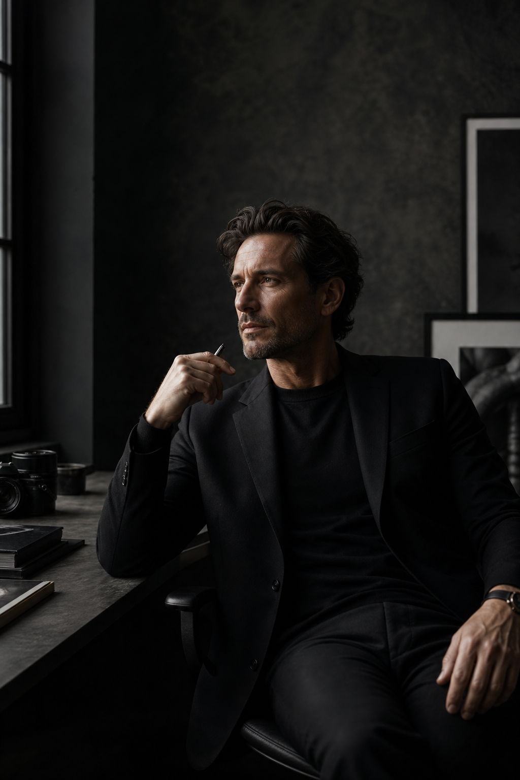 Editorial portrait of a creative director in a shadowed studio with directional window light and tailored black wardrobe