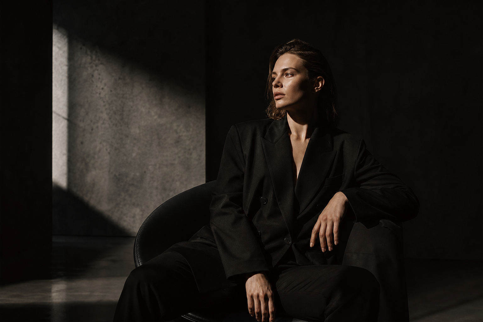 Cinematic commercial portrait scene with dramatic directional light, refined styling, and a premium editorial mood