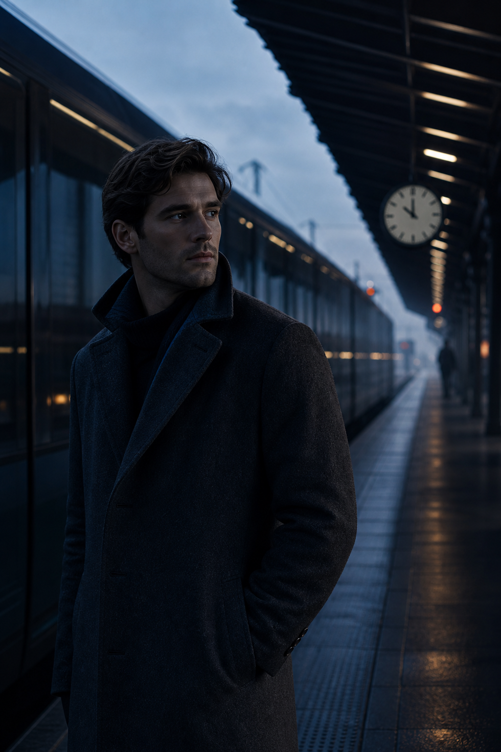 Moody early-morning commuter portrait on a platform with cool ambient haze and narrow rim light