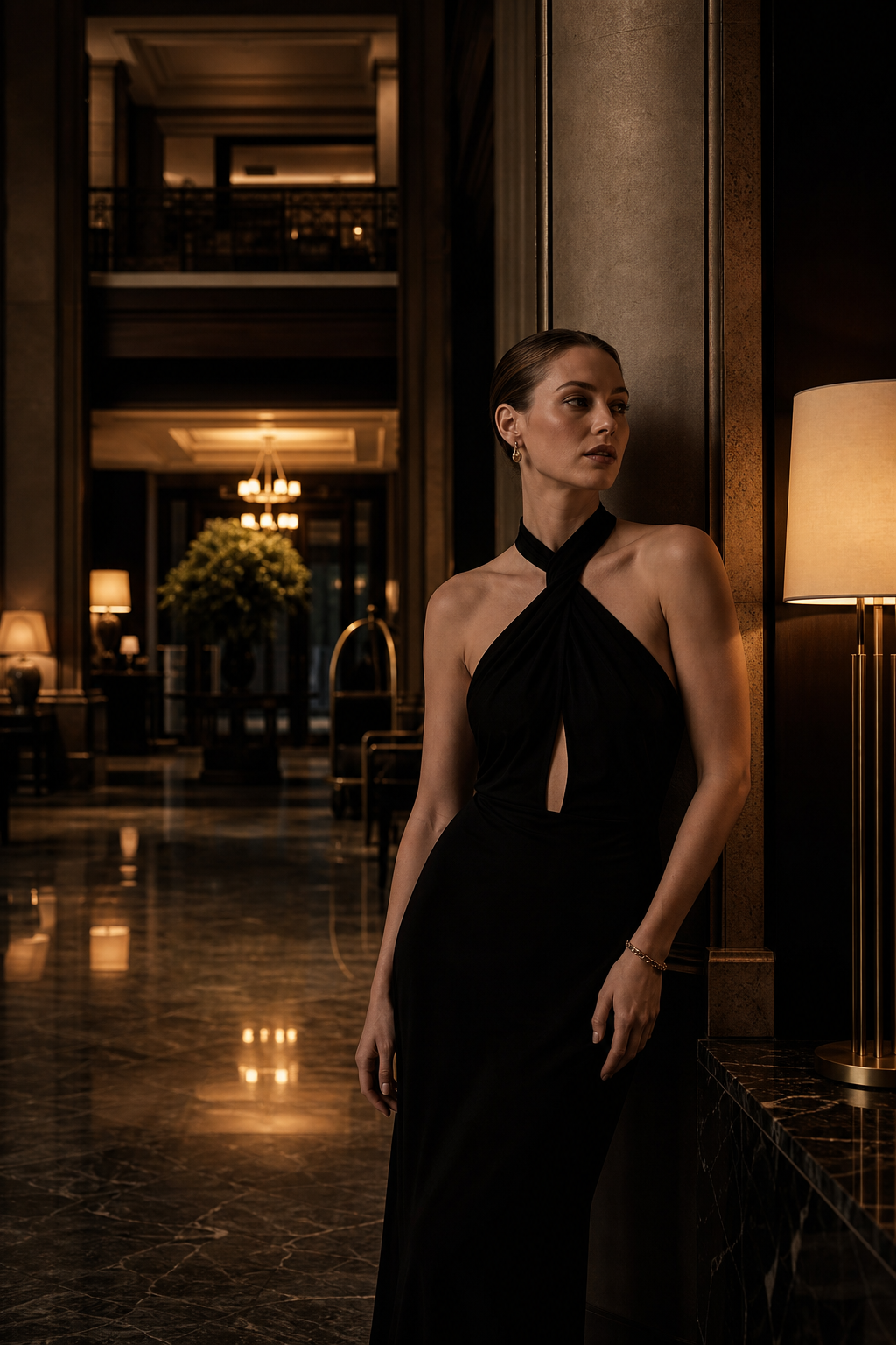 Elegant portrait composition in a luxury hotel lobby with warm practical lamps and deep architectural shadows