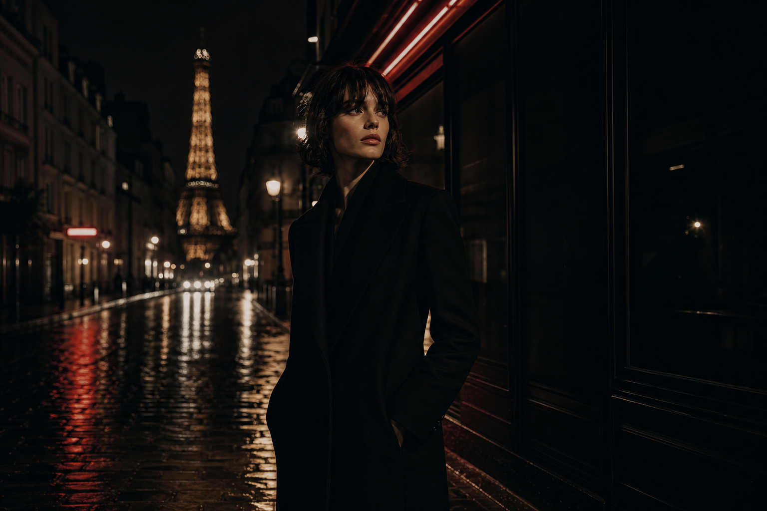 Cinematic nighttime fashion campaign portrait on a Paris street with reflective wet pavement and soft neon spill