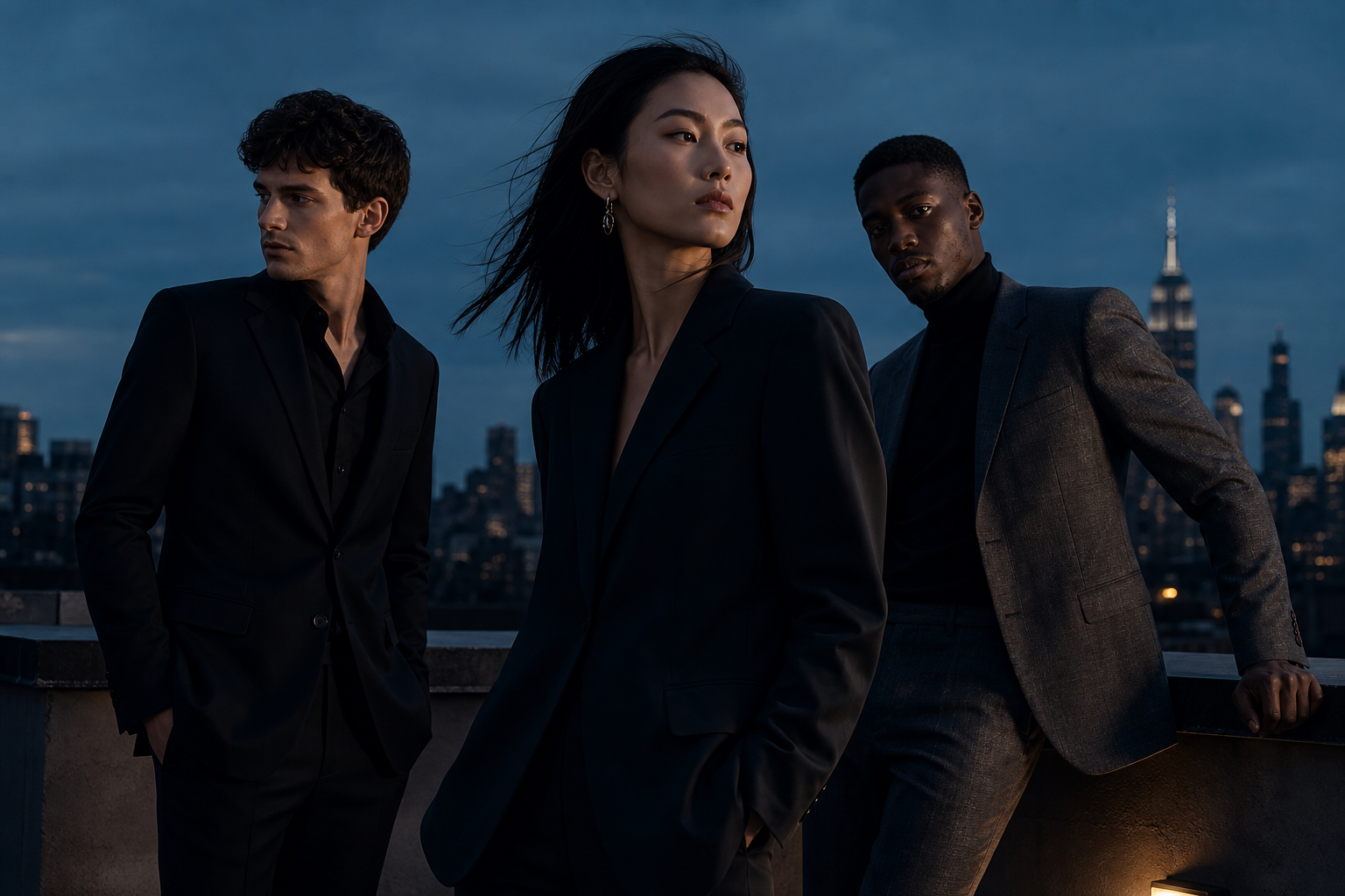 Cinematic rooftop group portrait at blue hour with layered skyline depth and restrained fashion styling