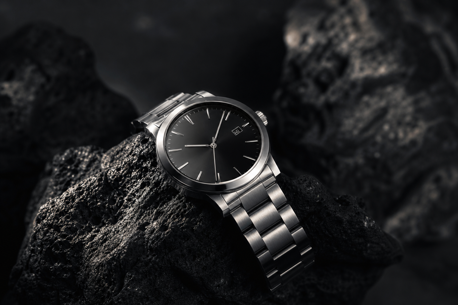 Refined commercial still life of a steel wristwatch on dark stone with controlled highlights and crisp micro-contrast