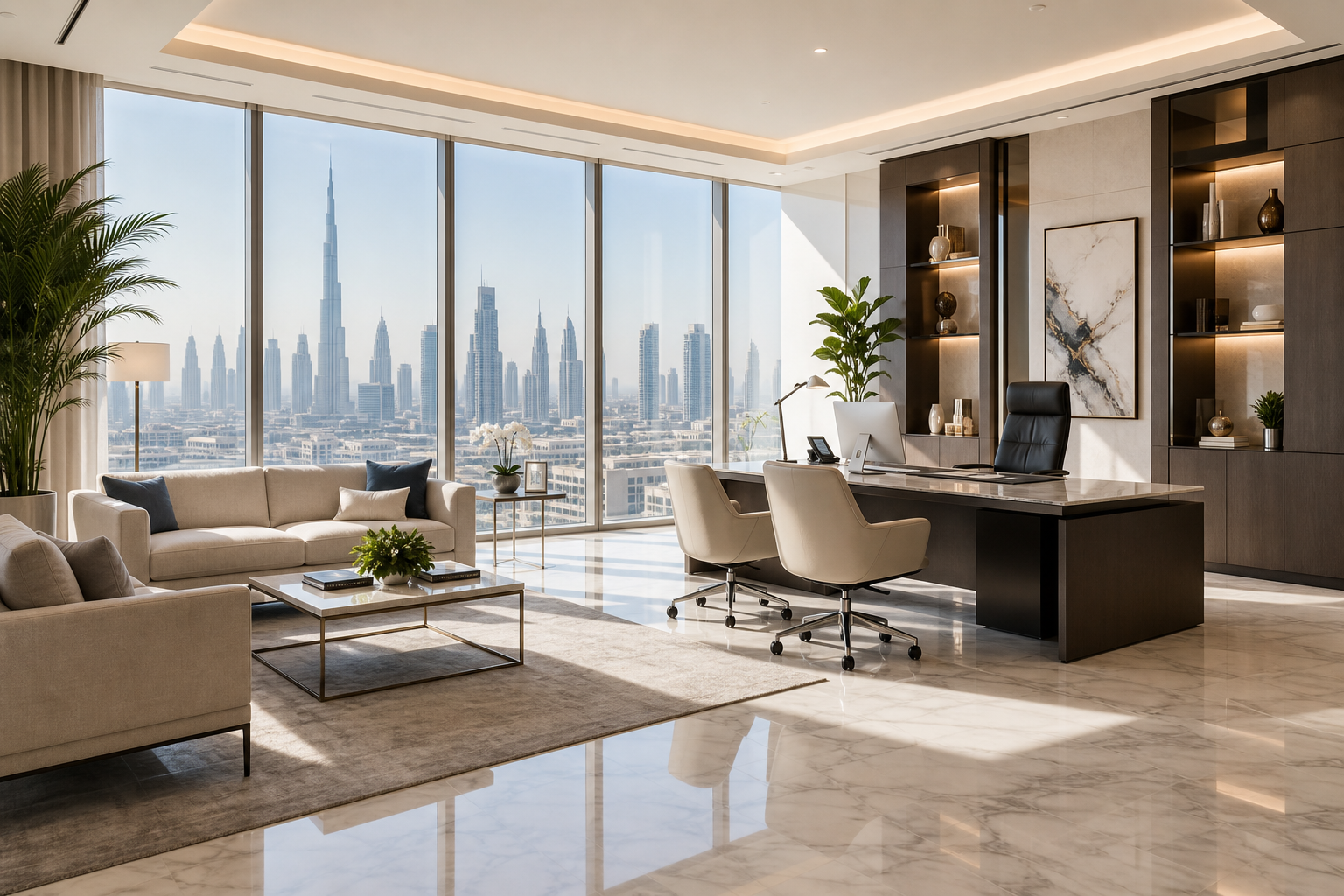 Immaculate premium Dubai interior with polished floors, modern furniture, bright natural light, and spotless surfaces