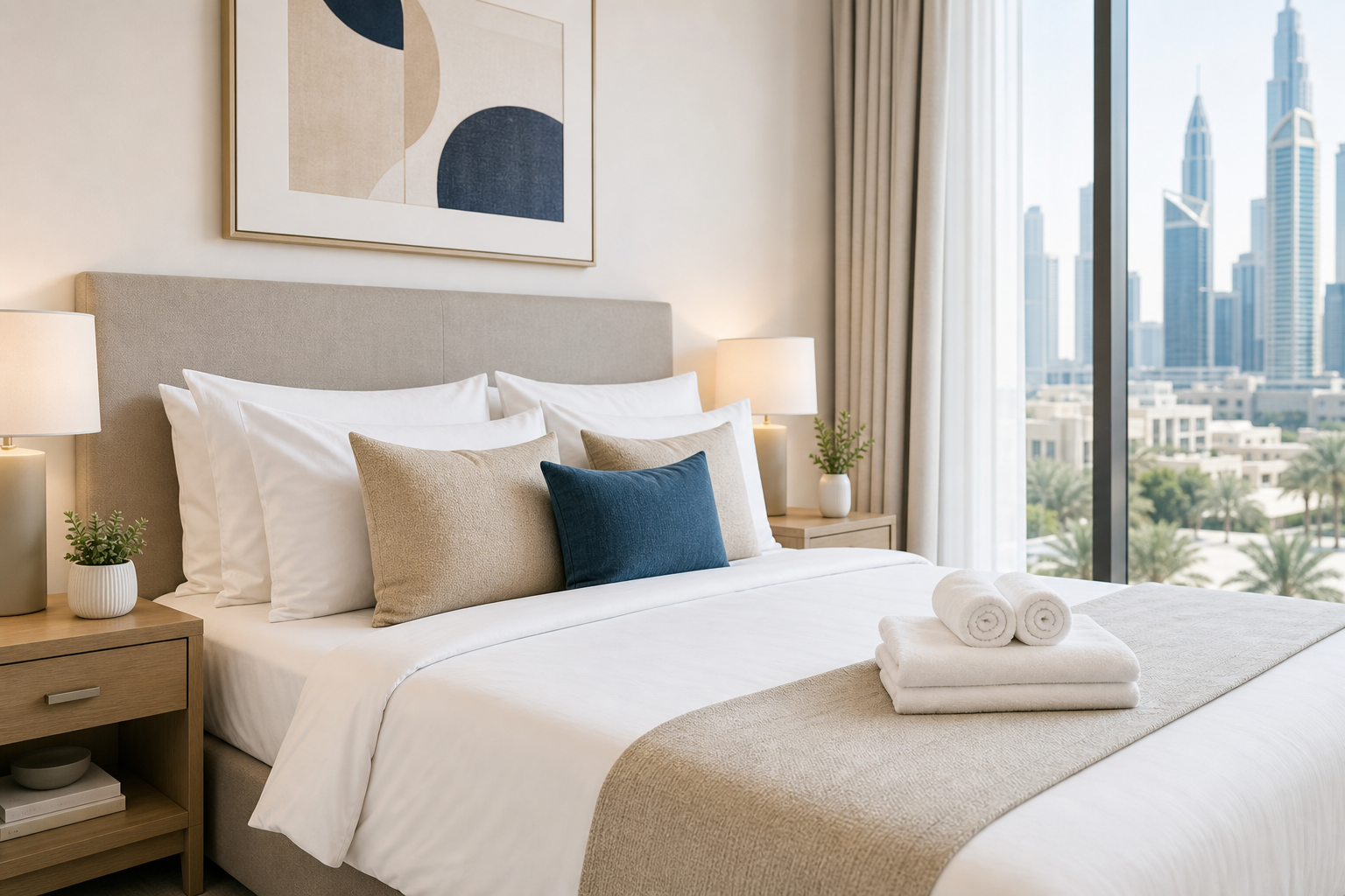 Guest-ready short-term rental bedroom with crisp linens, styled side table, and spotless apartment details