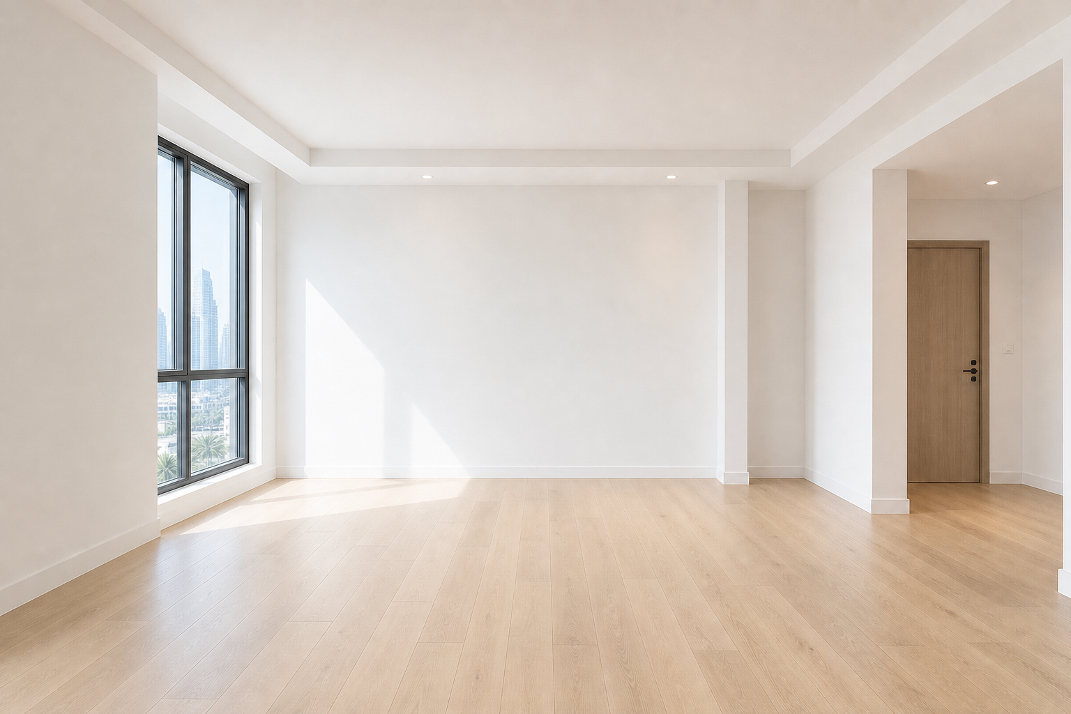 Clean empty apartment room prepared for handover with bright walls, clear floors, and natural window light