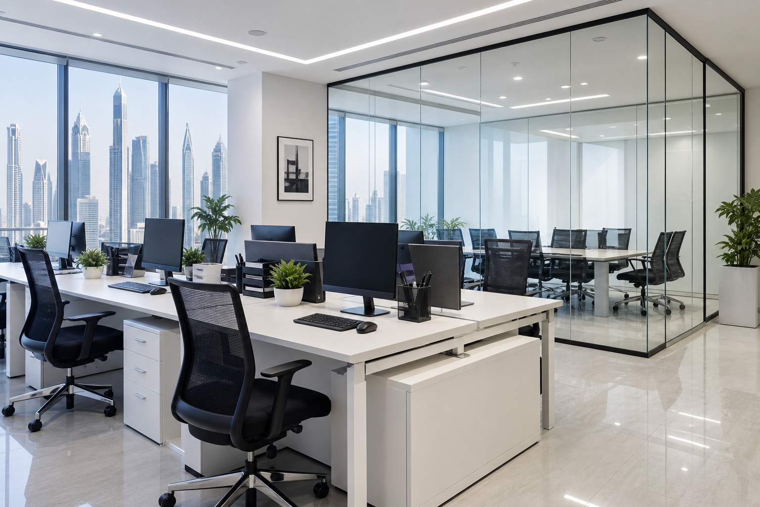 Polished modern office workspace with organized desks, clean glass partitions, and professional daylight ambiance