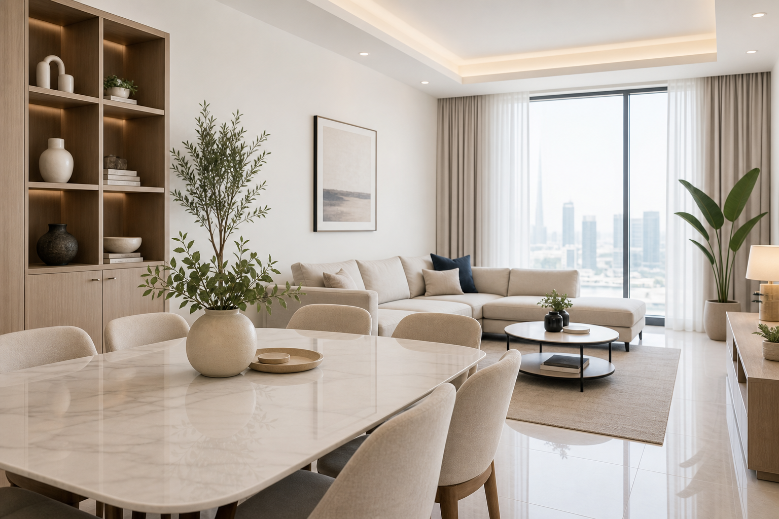 Neat lifestyle interior with clean dining and lounge area, suggesting routine scheduled home upkeep