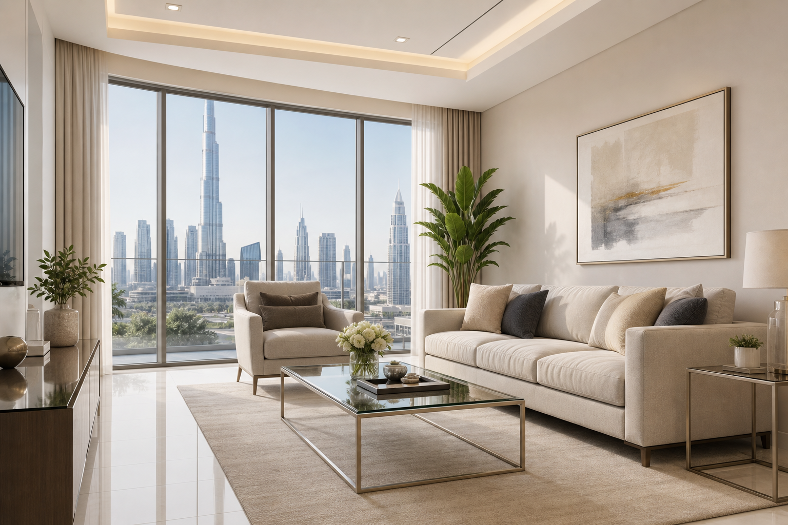 Spotless modern living room with bright natural daylight, tidy neutral furnishings, and polished surfaces